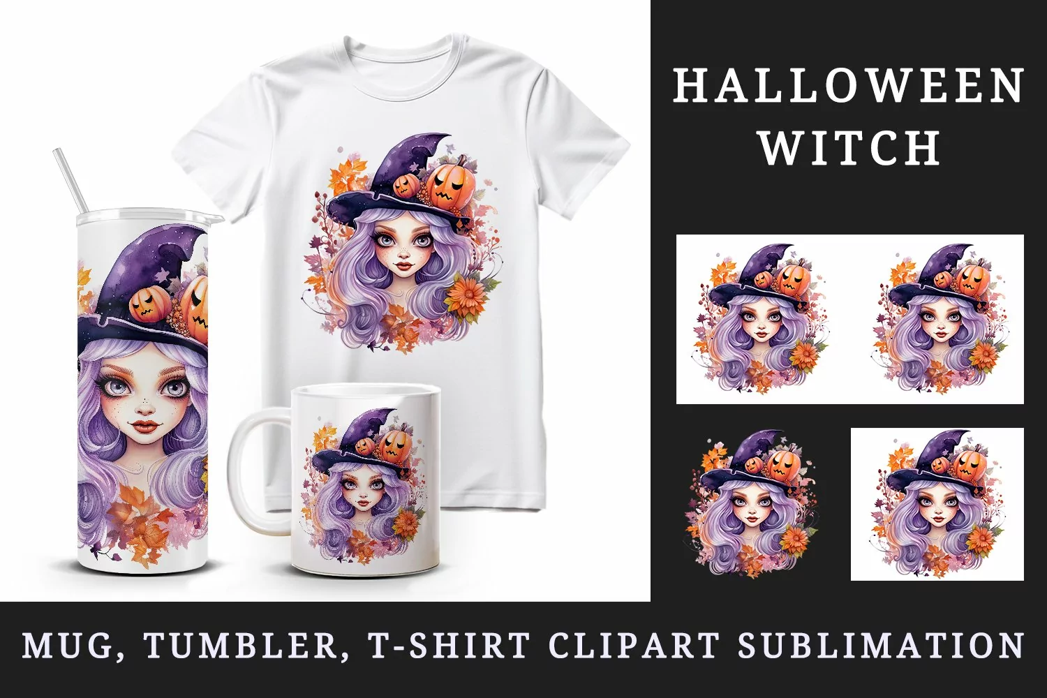 Watercolor Halloween witch hat girl flowers pumpkins autumn leaves print 20 oz tumbler skinny mug wrap clipart t-shirt sublimation printable design