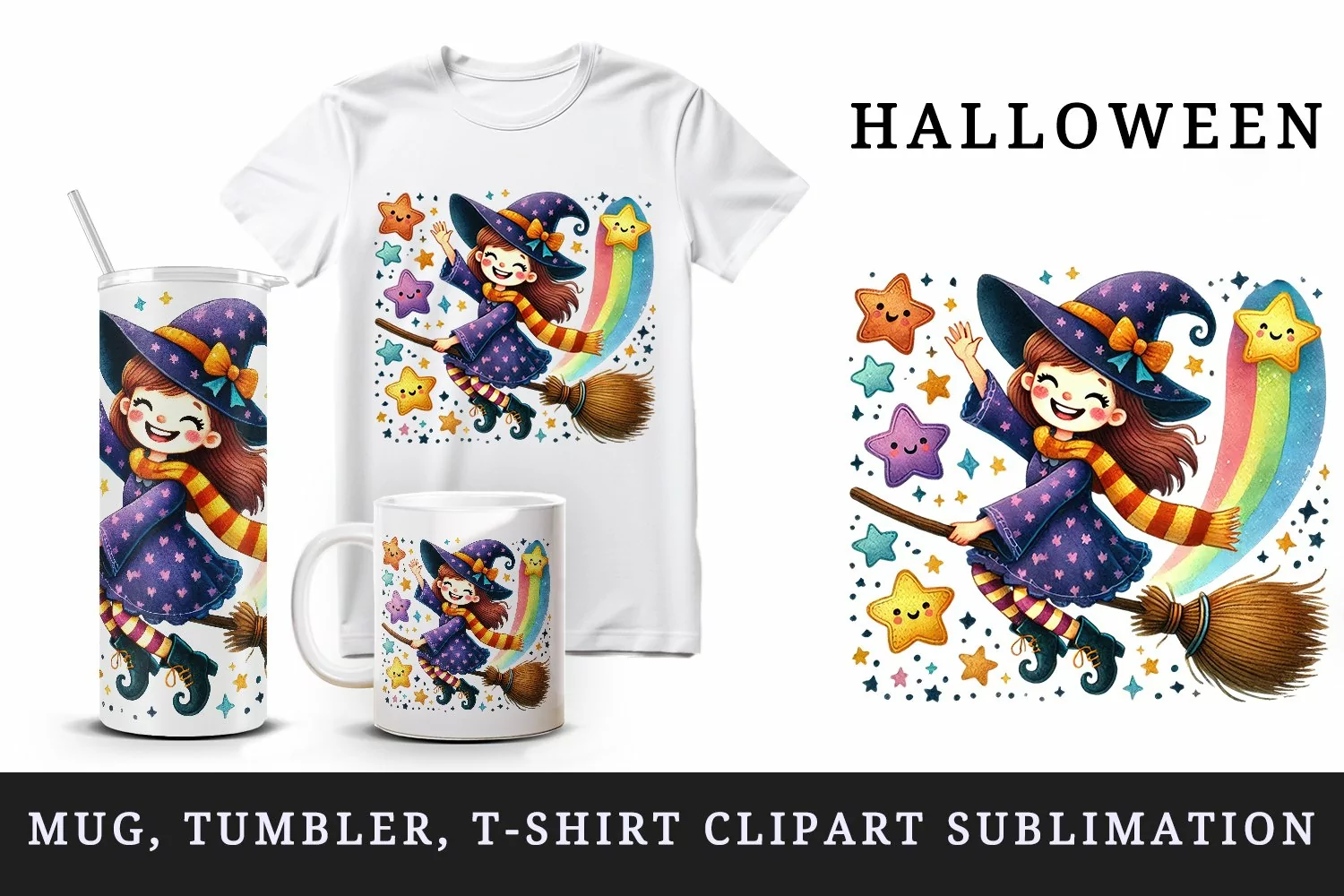 Watercolor happy witch riding broomstick smile and waving stars Halloween print tumbler skinny mug wrap clipart t-shirt sublimation printable design