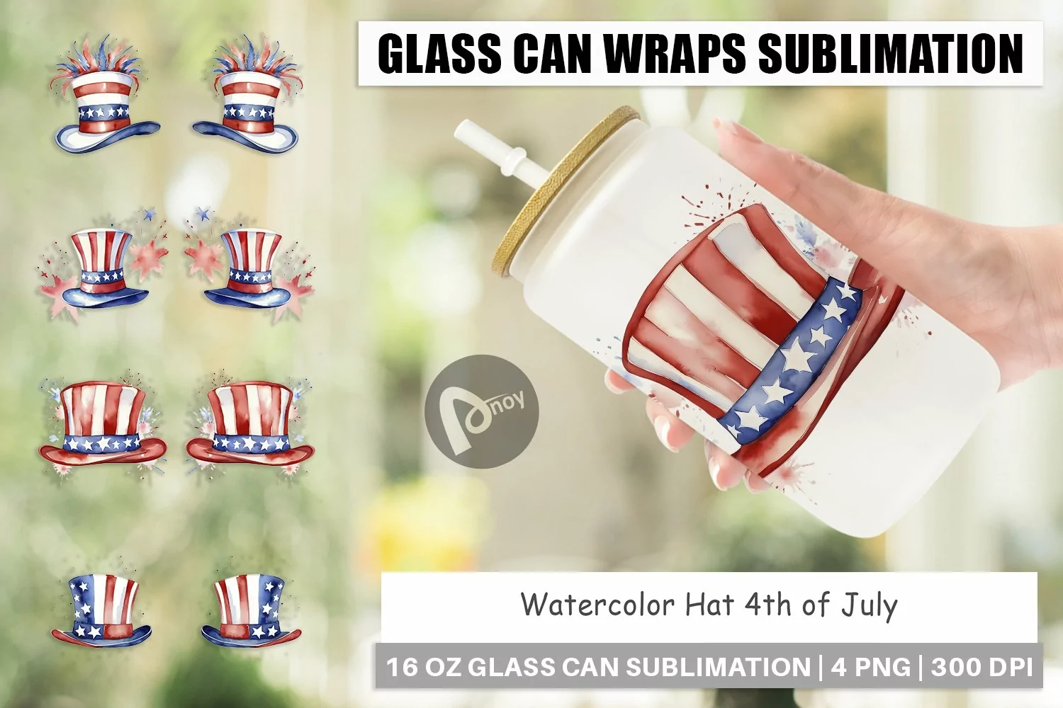 Glass Can Wraps Watercolor Hat Patriotic product image 1