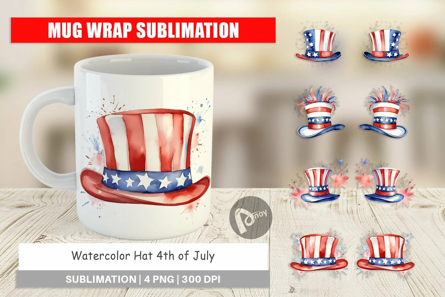 Mug Wrap Design Watercolor Hat Patriotic product image 1