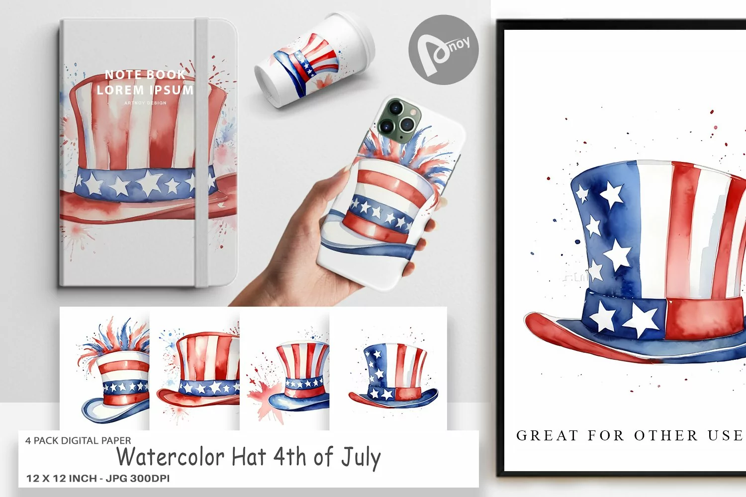 Digital Paper Watercolor Hat Patriotic product image 1