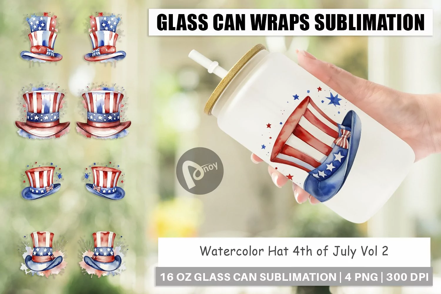 Glass Can Wraps Watercolor Hat Patriotic product image 1