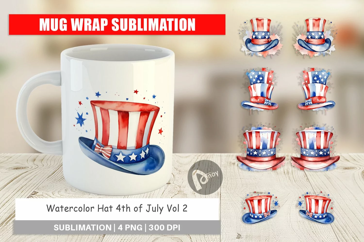 Mug Wrap Design Watercolor Hat Patriotic product image 1