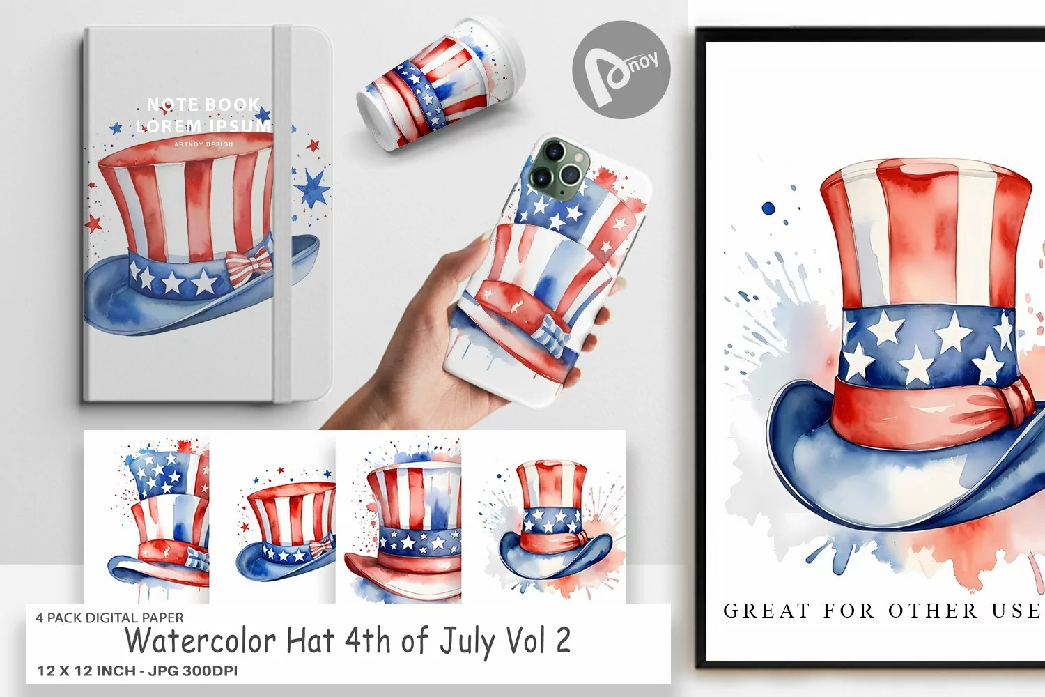 Digital Paper Watercolor Hat Patriotic product image 1