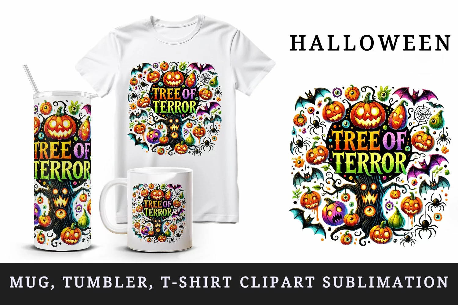 Watercolor haunted tree pumpkins bats Tree of Terror Halloween quote print 20 oz tumbler skinny mug wrap clipart t-shirt sublimation printable design