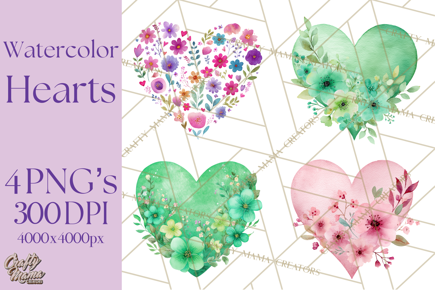 Watercolor Heart Clipart, Floral Hearts, Rainbow Hearts PNG product image 1