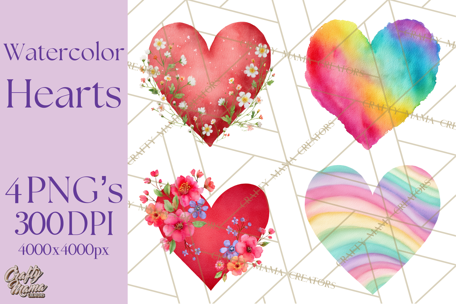 Watercolor Heart Clipart, Floral Hearts, Rainbow Hearts PNG product image 1