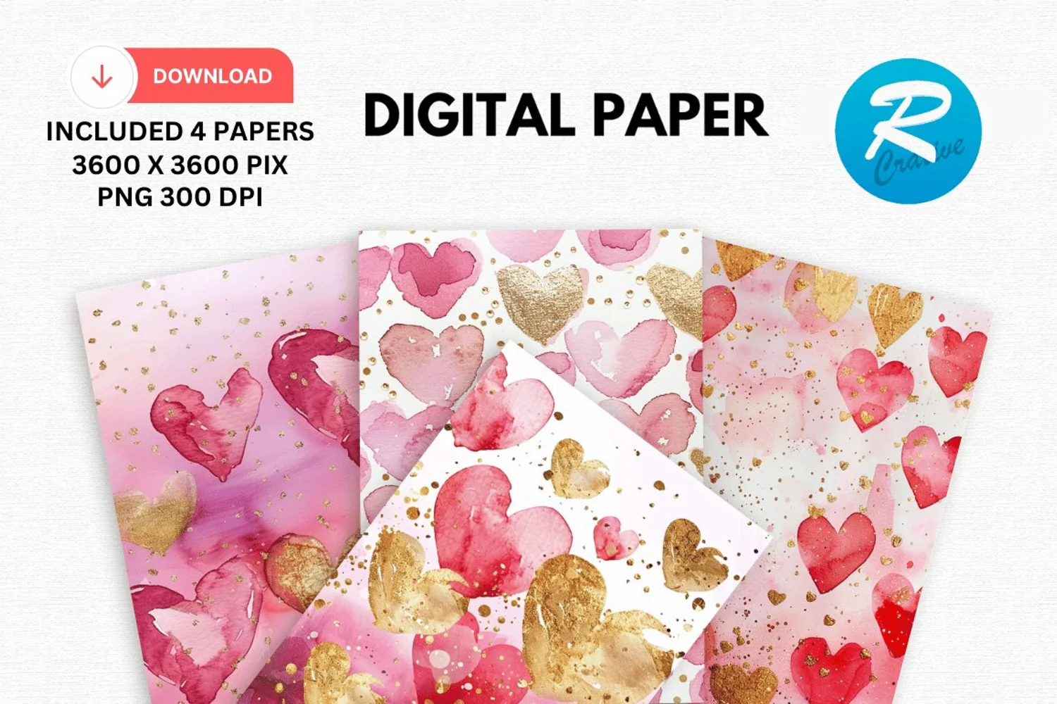 Watercolor Hearts And Golden Digital Paper product image 1