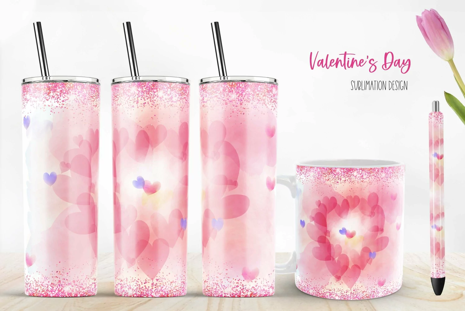 watercolor hearts valentines day sublimation design for tumbler and mug