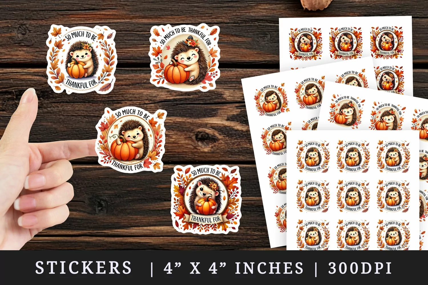 Watercolor hedgehog hugging pumpkin So Much to Be Thankful For quote Thanksgiving autumn fall print sticker sheet stickers printable sublimation png