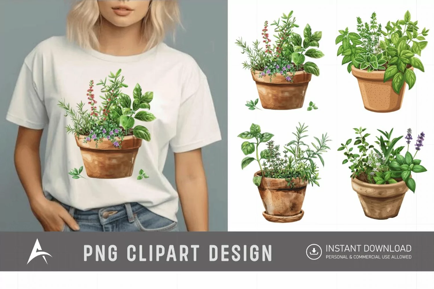 Watercolor Herbs in Pots Clipart product image 1