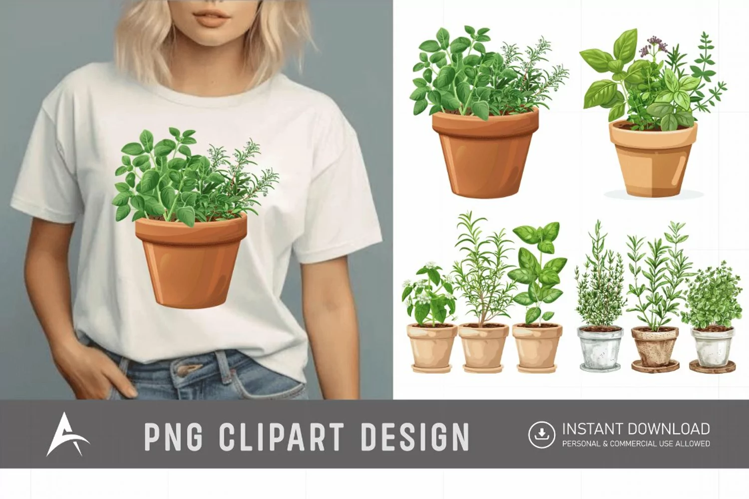 Watercolor Herbs in Pots Clipart product image 1