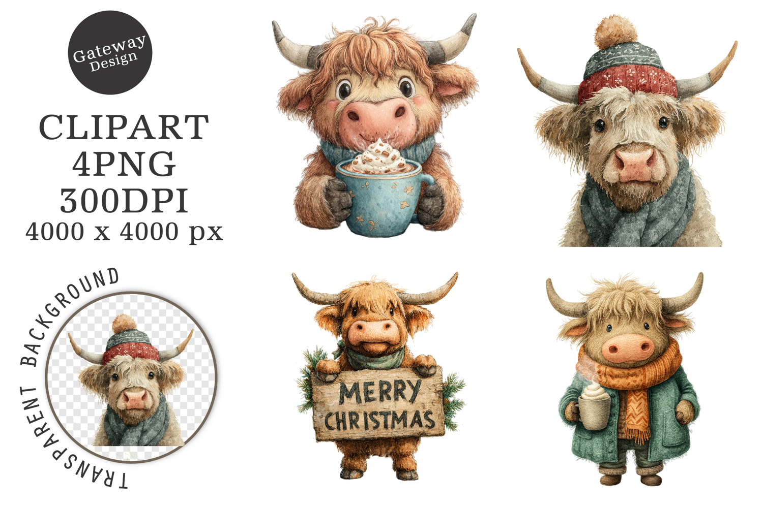 Watercolor Highland Cow Christmas Clipart product image 1