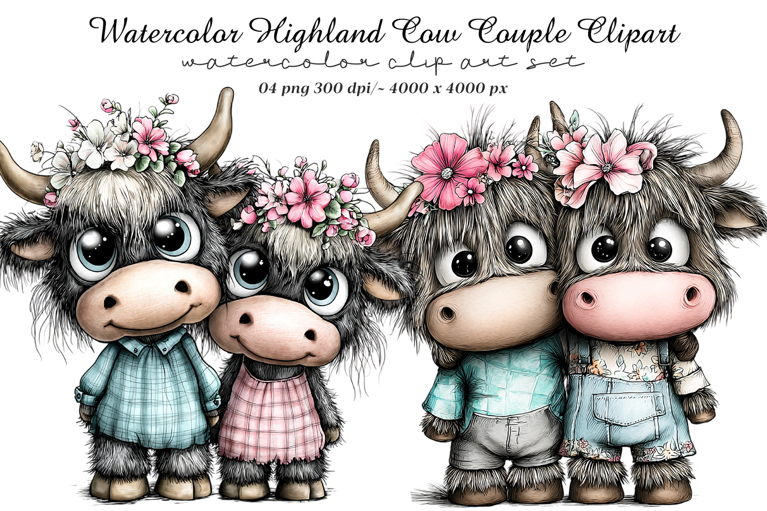 Watercolor Highland Cow Couple Clipart product image 1