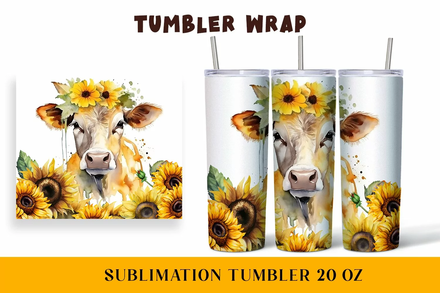 Watercolor wrapper for a cow in sunflowers product image 1