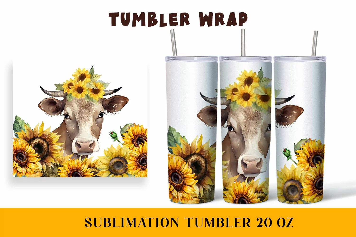 Watercolor wrapper for a cow in sunflowers product image 1