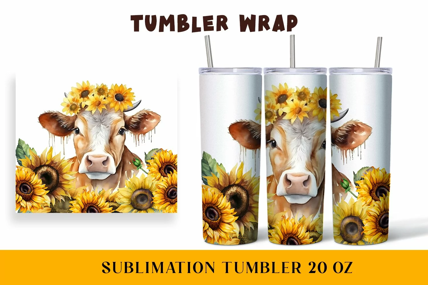 Watercolor wrapper for a cow in sunflowers product image 1