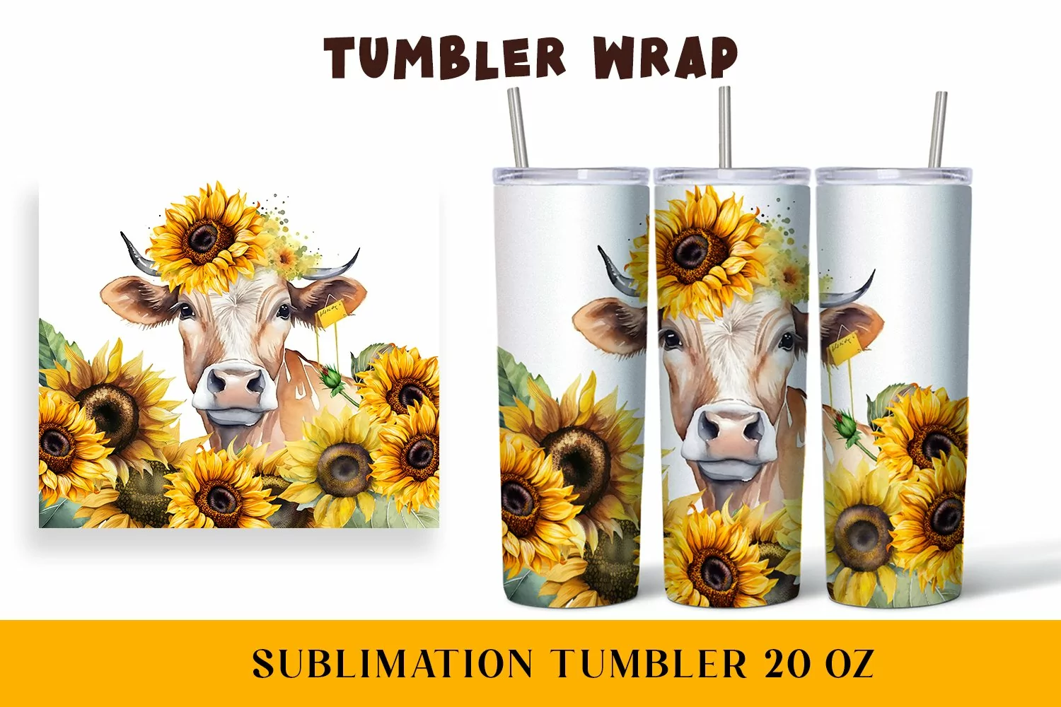 Watercolor wrapper for a cow in sunflowers product image 1