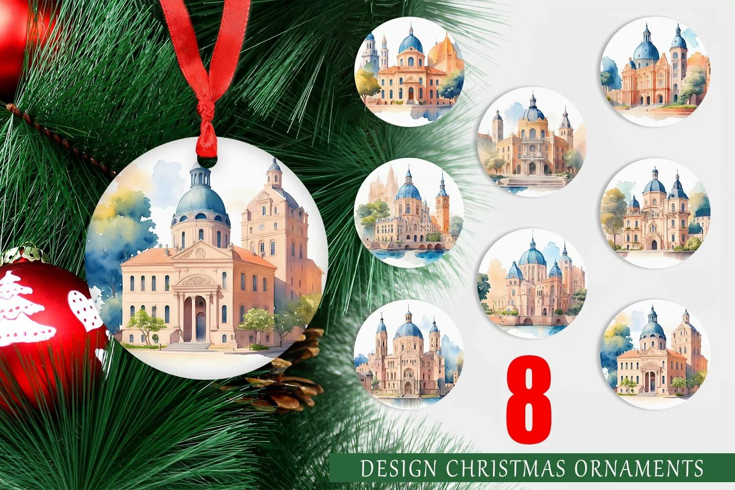 Christmas Ornaments Watercolor Historic Architecture product image 1
