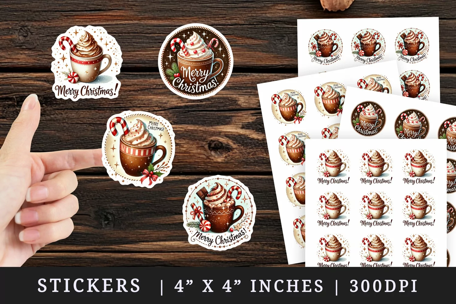 Watercolor hot chocolate whipped cream candy cane Merry Christmas quote New Year winter print sticker sheet stickers printable sublimation design png