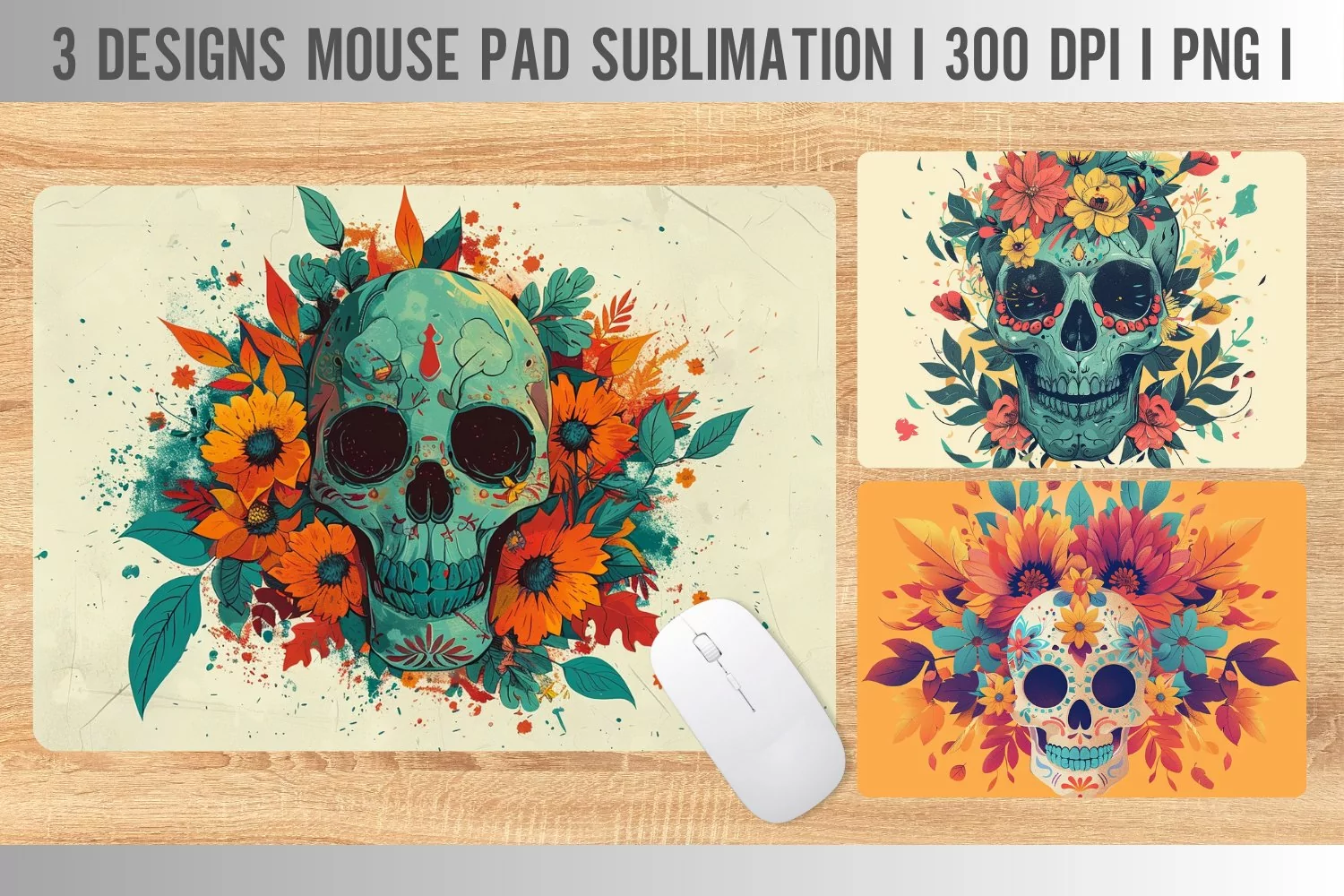 Skull Flowers painted Mouse Pad Sublimation Design product image 1