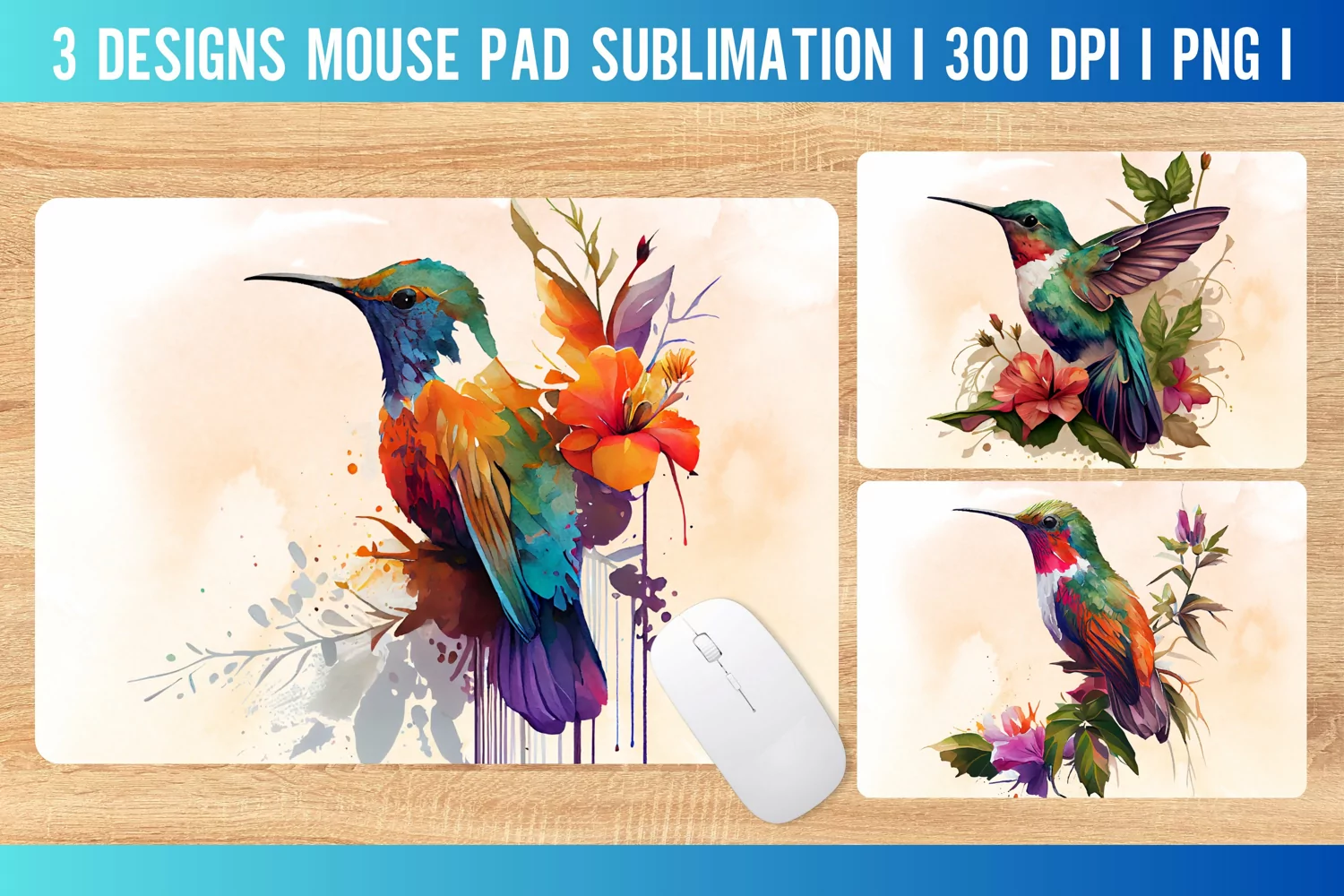 Watercolor Hummingbird Mouse Pad Sublimation Designs I PNG product image 1