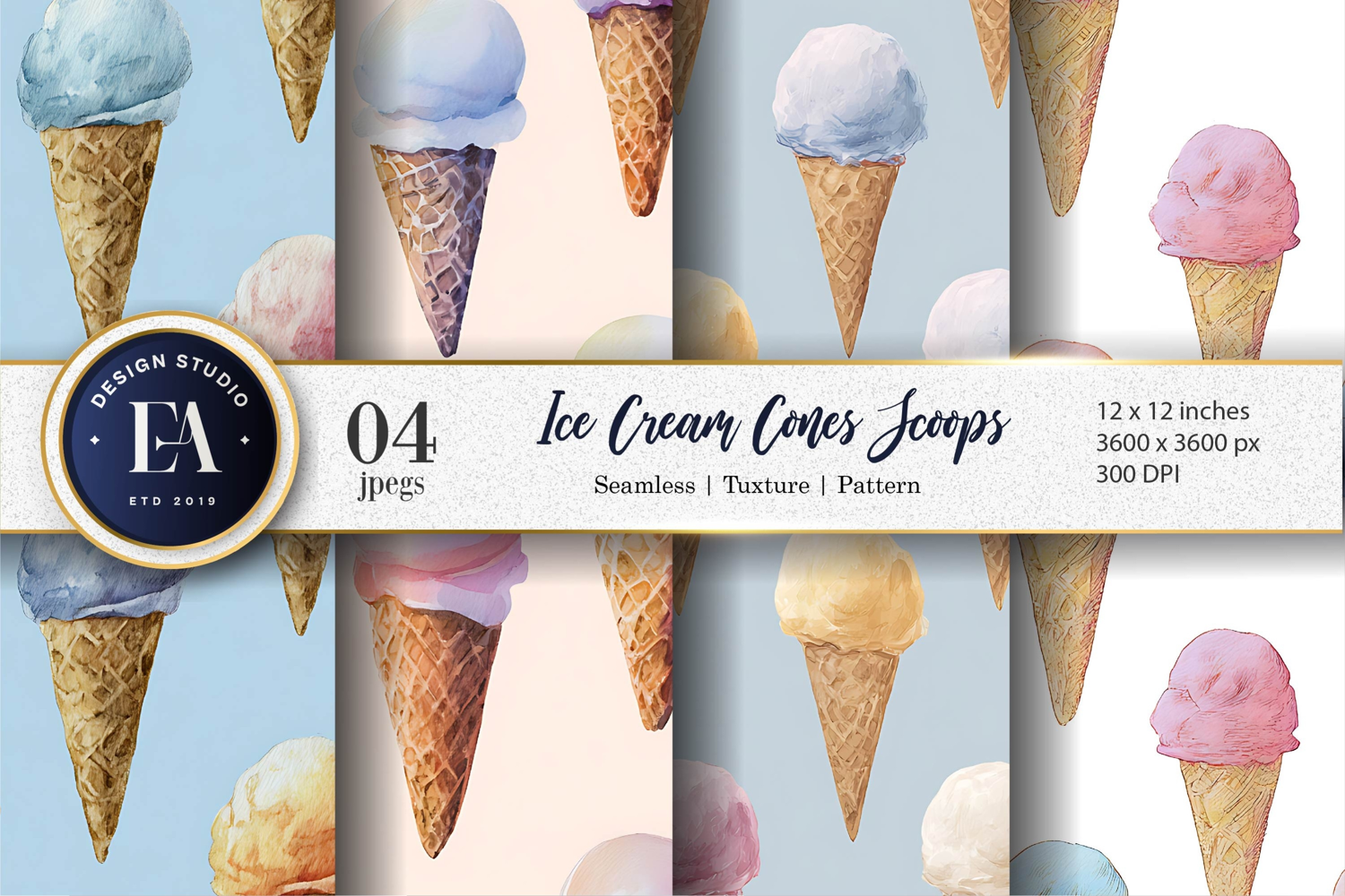 Pastel Scoops Ice Cream Cones Cartoon Digital Paper product image 1