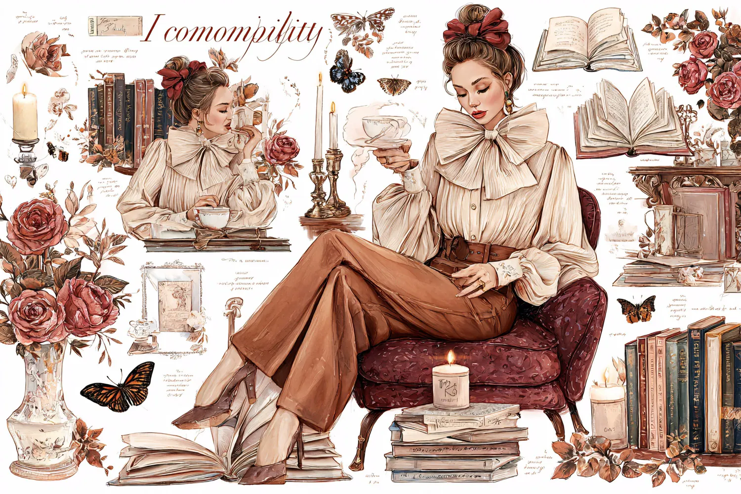 Victorian woman reading a book on a sofa surrounded Vintage product image 1