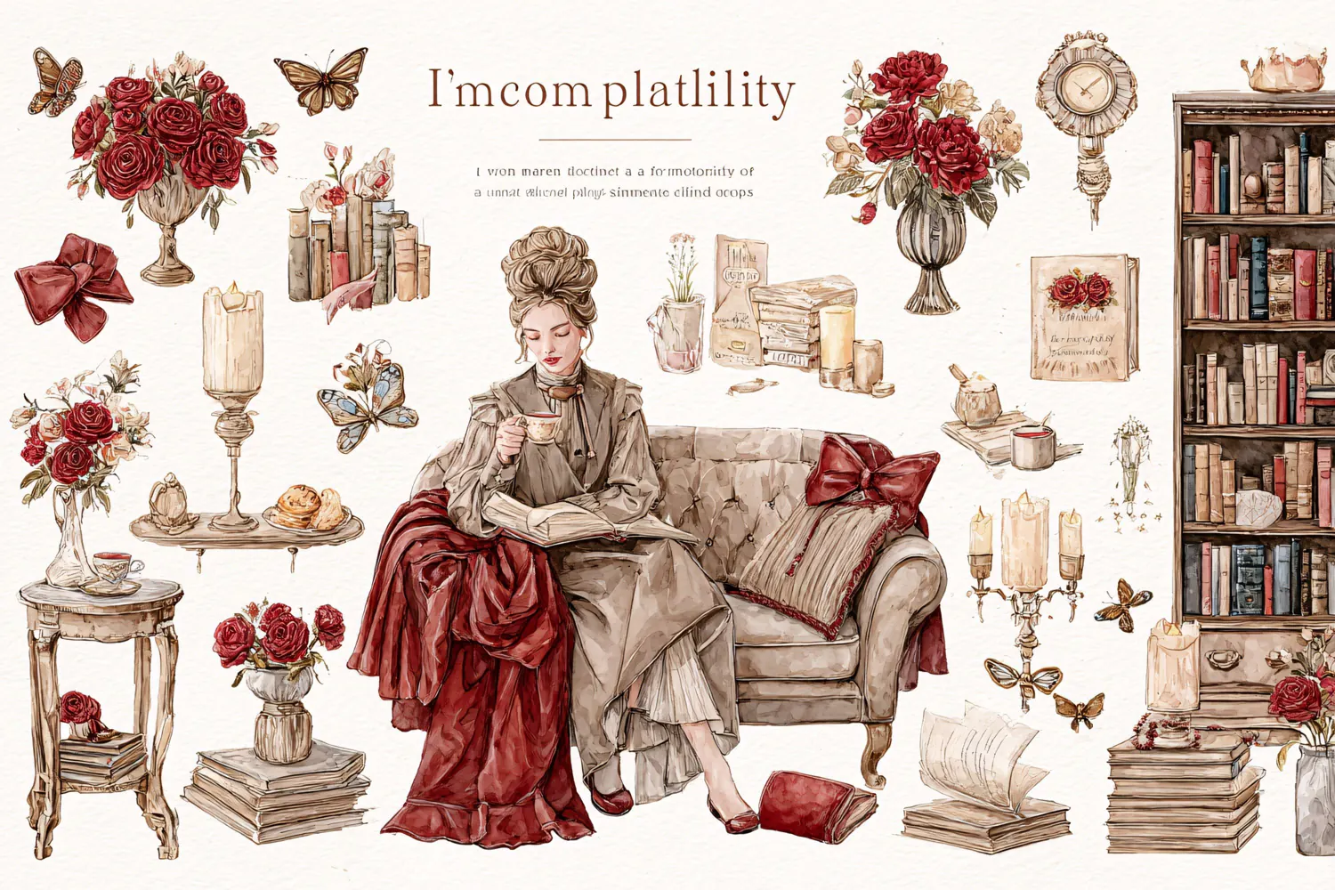 Victorian woman reading a book on a sofa surrounded Vintage product image 1