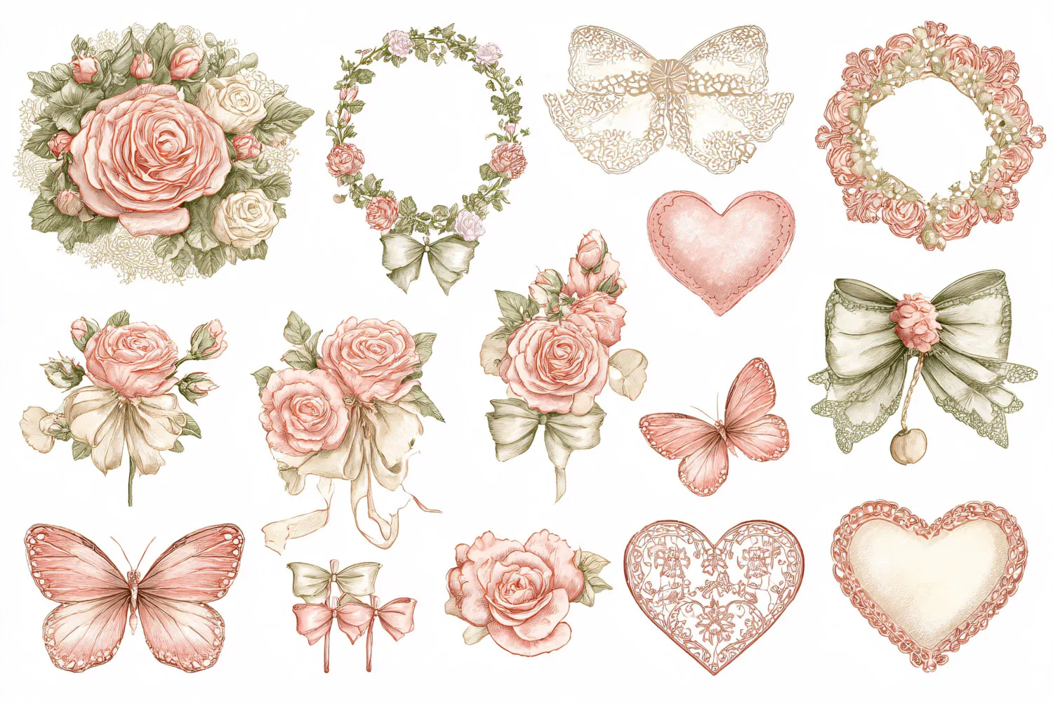 Watercolor floral elements with roses and butterflies on whi product image 1