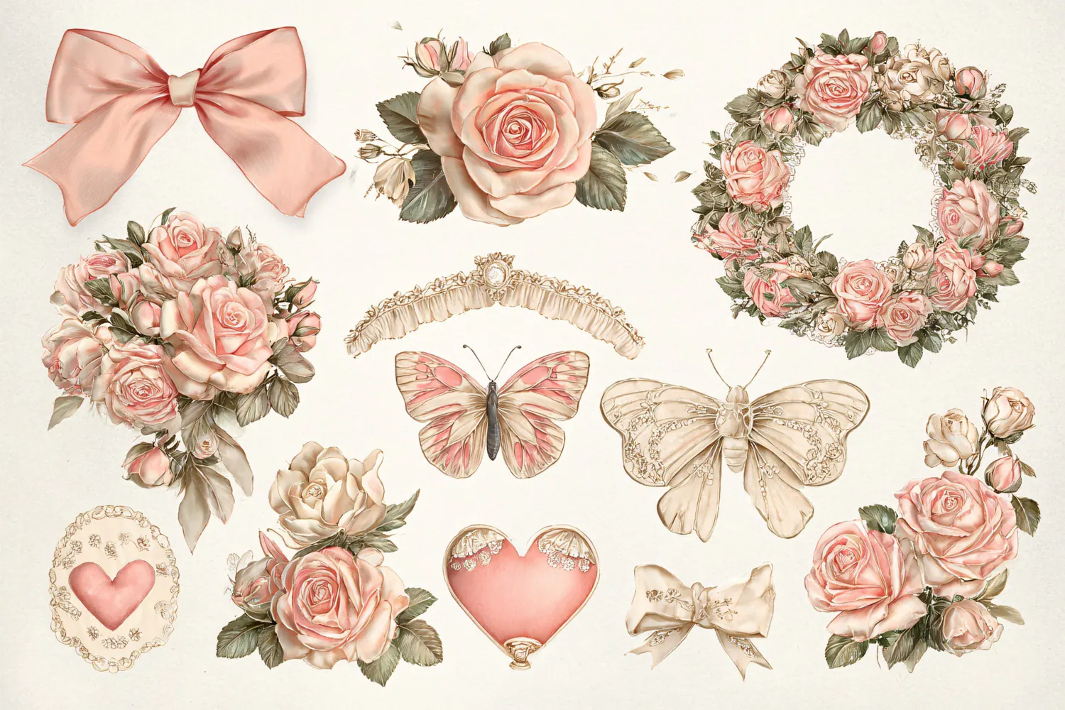 Watercolor floral elements with roses butterflies and hearts product image 1