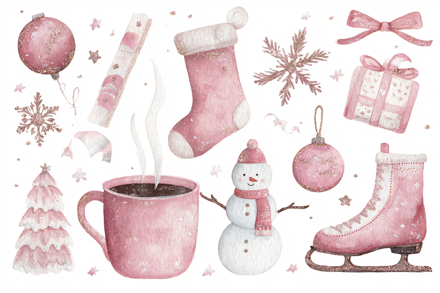 Pink watercolor Christmas elements collection with festive h product image 1