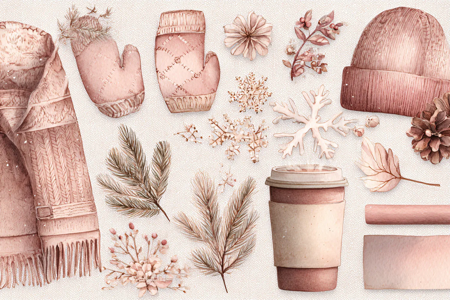 Watercolor winter collection with pink knit accessories and product image 1