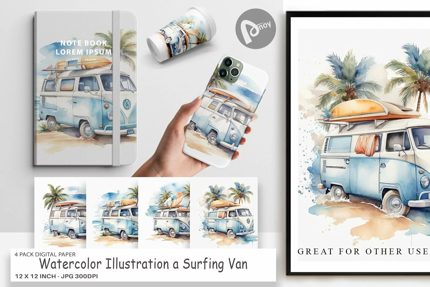 Digital Paper Watercolor Surfing Van product image 1