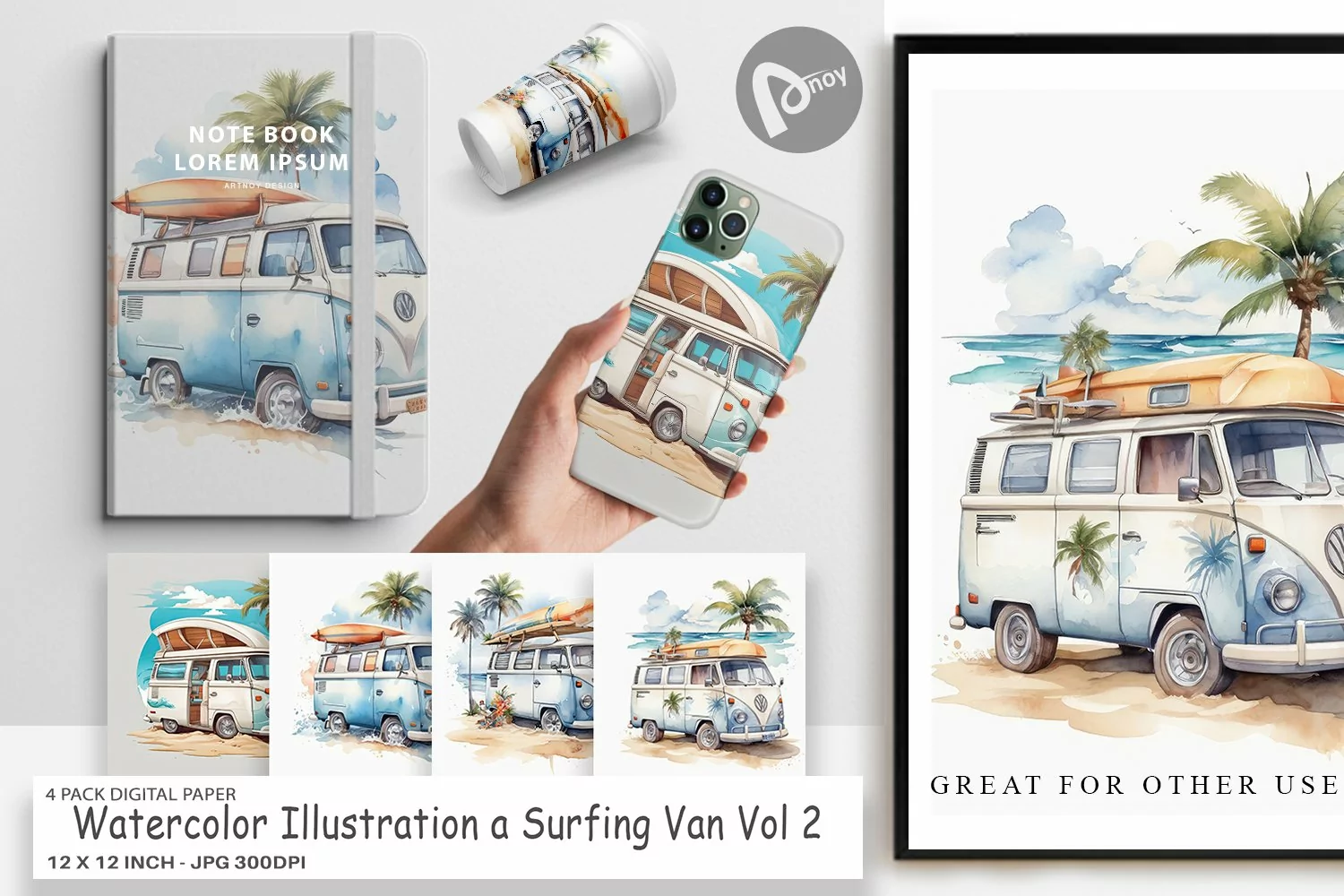 Digital Paper Watercolor Surfing Van product image 1