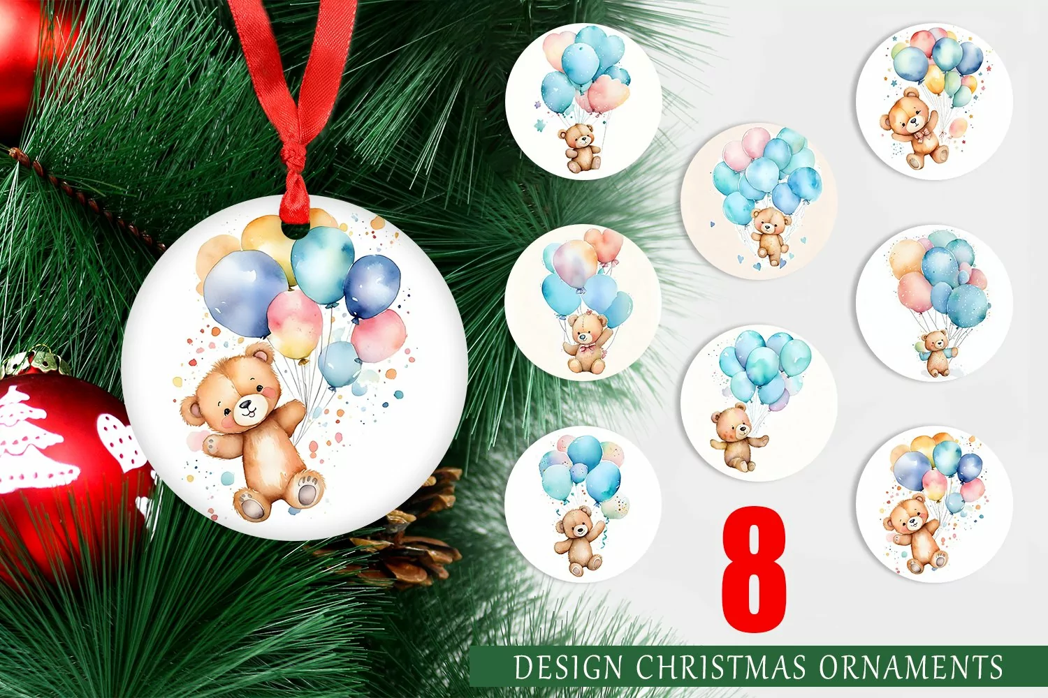 Christmas Ornaments Watercolor Teddy Bear product image 1