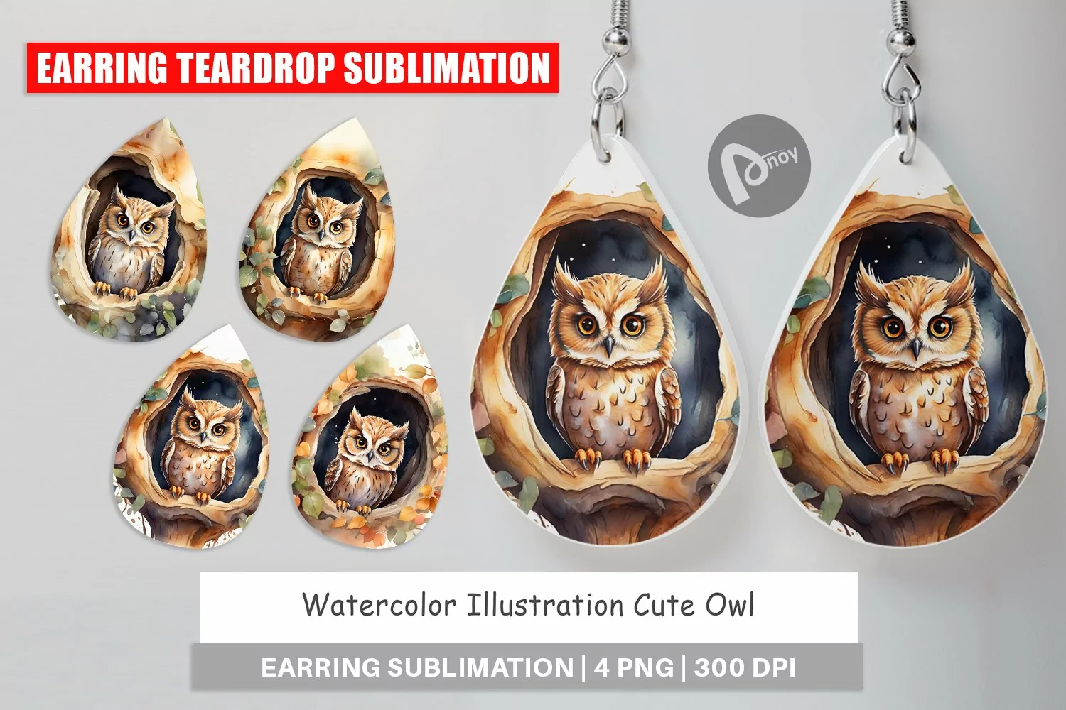 Earring Teardrop Watercolor Owl product image 1