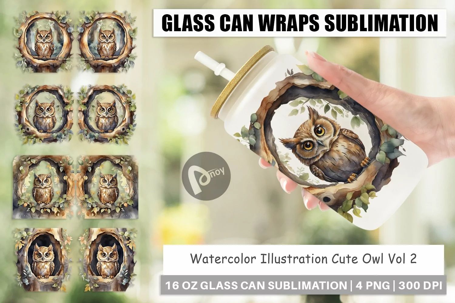 Glass Can Wraps Watercolor Owl product image 1