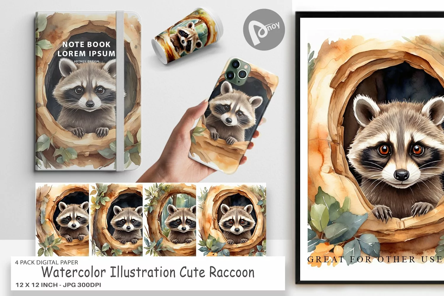 Digital Paper Watercolor Raccoon product image 1