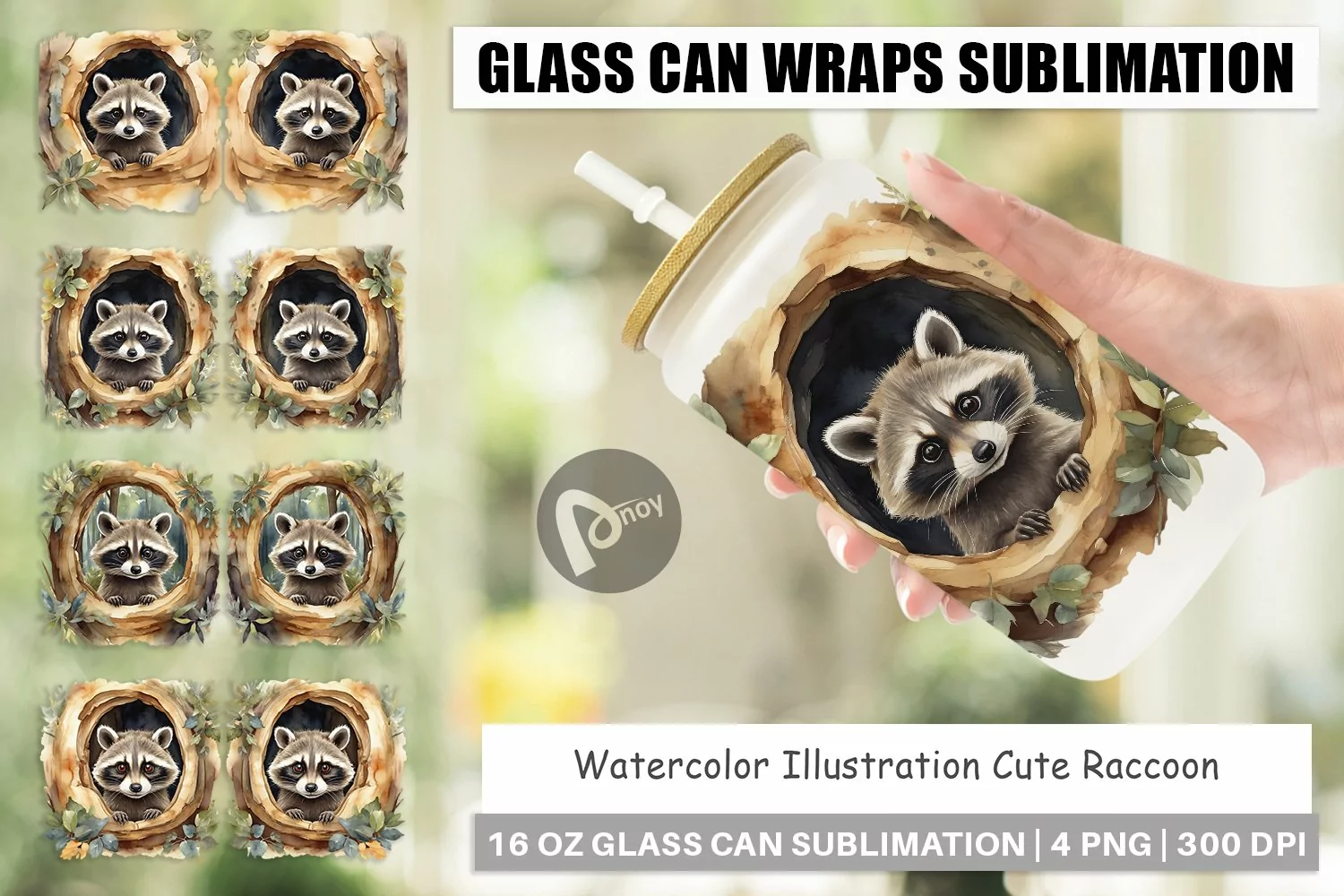 Glass Can Wraps Watercolor Raccoon product image 1