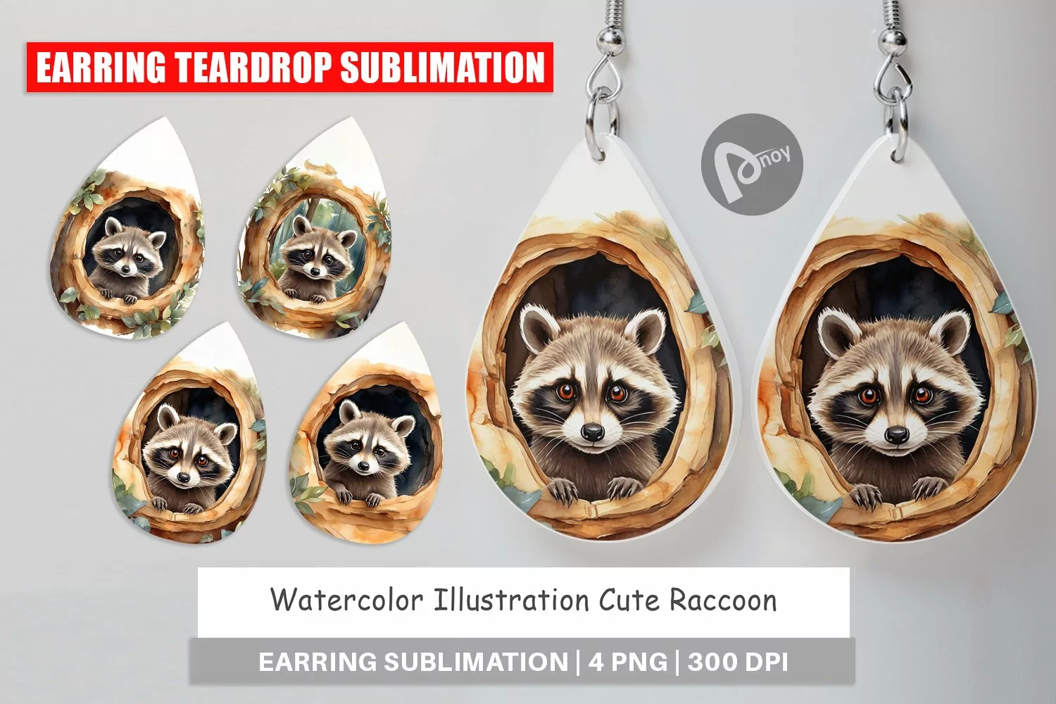 Earring Teardrop Watercolor Raccoon product image 1