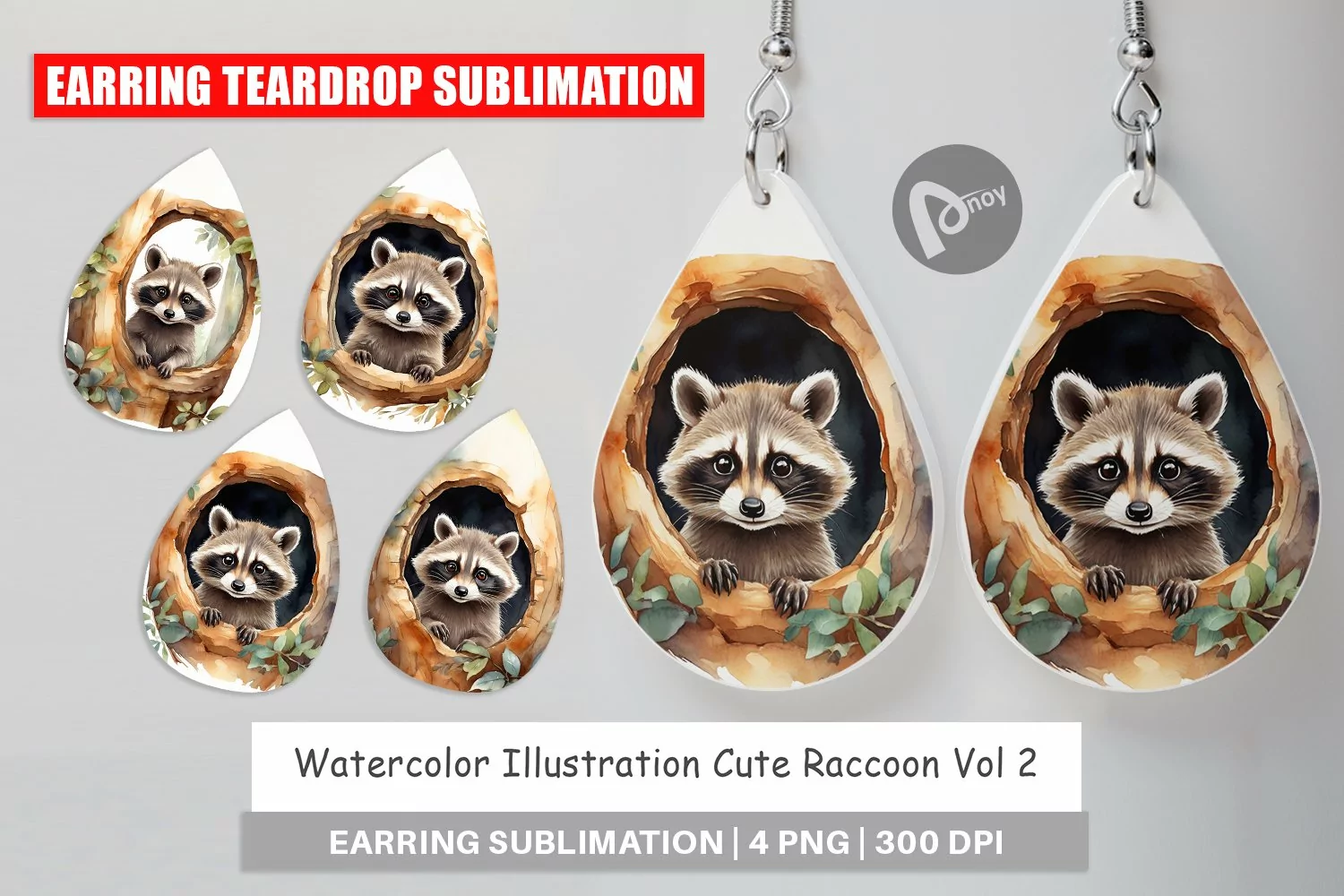 Earring Teardrop Watercolor Raccoon product image 1