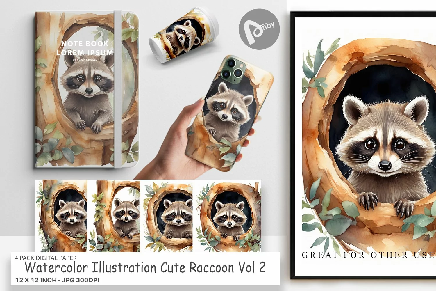 Digital Paper Watercolor Raccoon product image 1