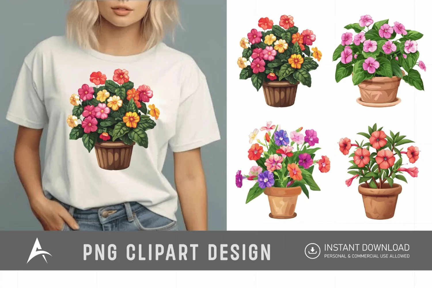 Watercolor Impatiens Flowers In Pots Clipart product image 1