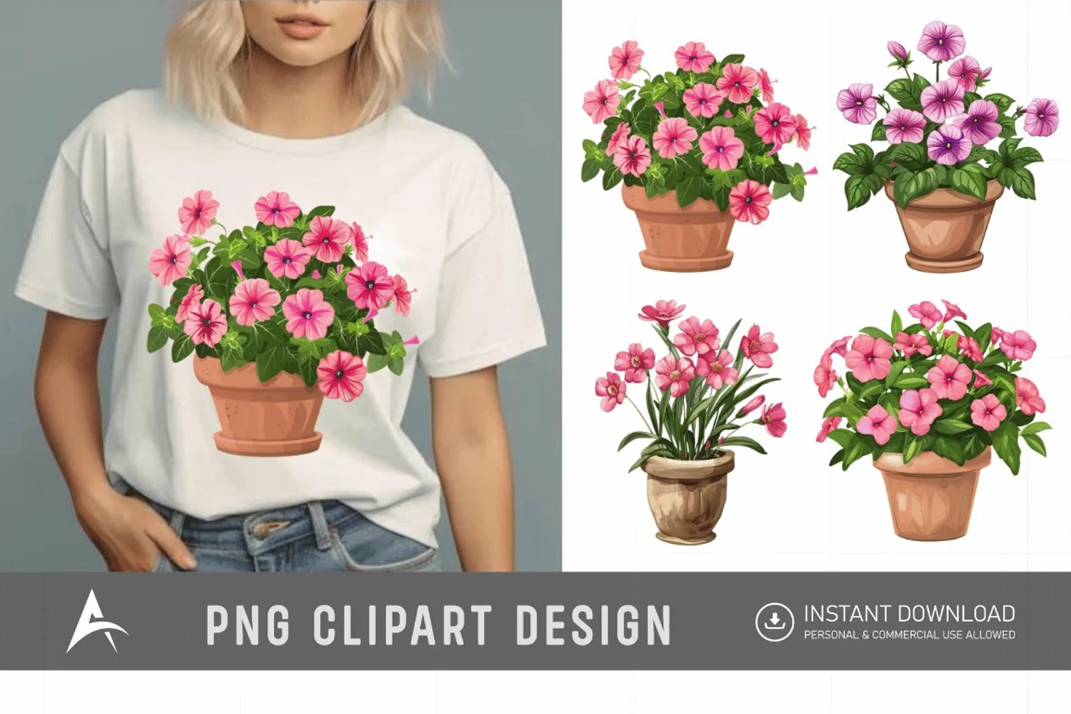 Watercolor Impatiens Flowers In Pots Clipart product image 1