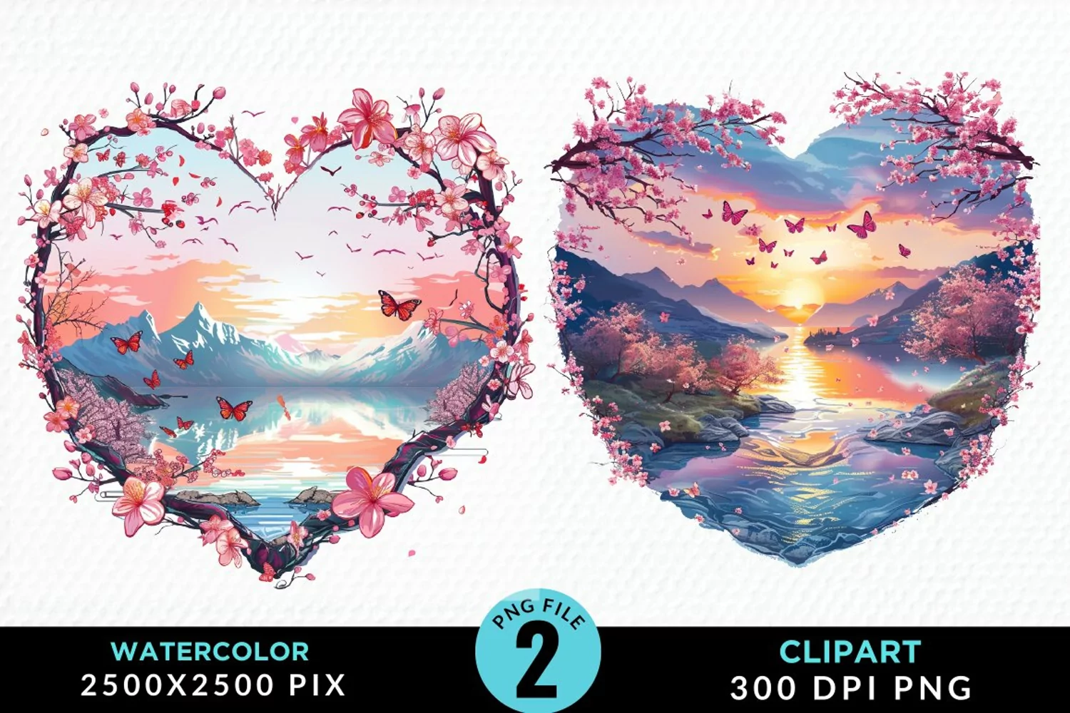 Watercolor Japanese Landscape Heart Clipart product image 1