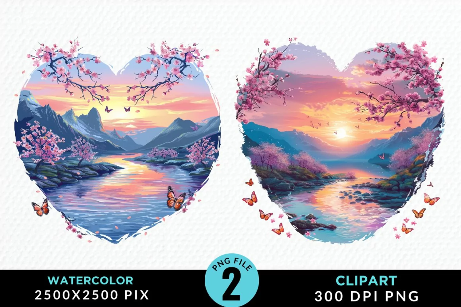 Watercolor Japanese Landscape Heart Clipart product image 1