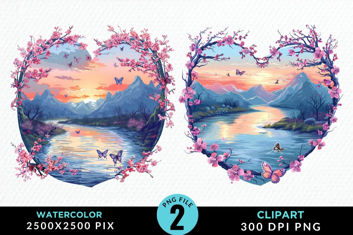 Watercolor Japanese Landscape Heart Clipart product image 1