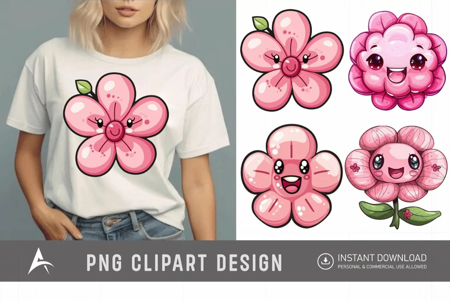 Watercolor Kawaii Flower Clipart product image 1