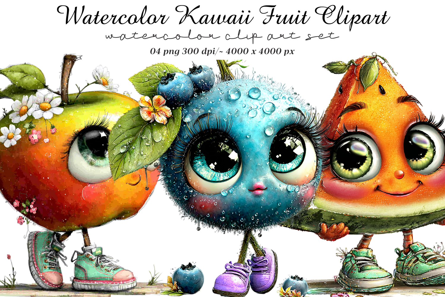 Watercolor Kawaii Fruit Clipart product image 1